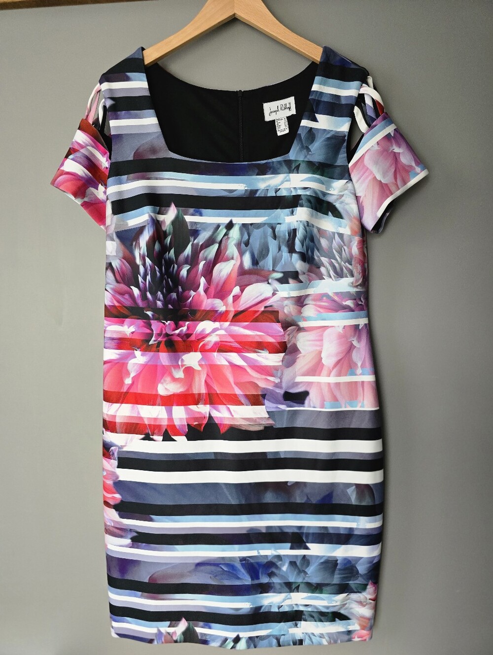 Joseph Ribkoff Floral and Striped Sheath Dress (Style 192712). Size 16